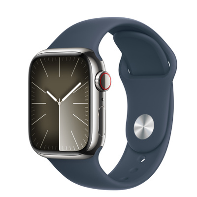 Apple Watch Series 9（GPS + Cellularモデル）- 41mmシルバーステンレススチールケースとM/Lストームブルースポーツバンド [整備済製品]