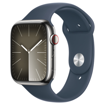 Apple Watch Series 9（GPS + Cellularモデル）- 45mmシルバーステンレススチールケースとS/Mストームブルースポーツバンド [整備済製品]